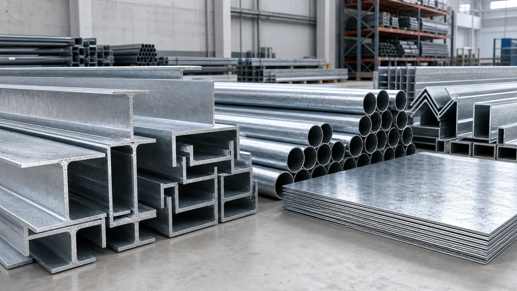 Galvanized steel tubes, sections, beams and sheets with zinc surface