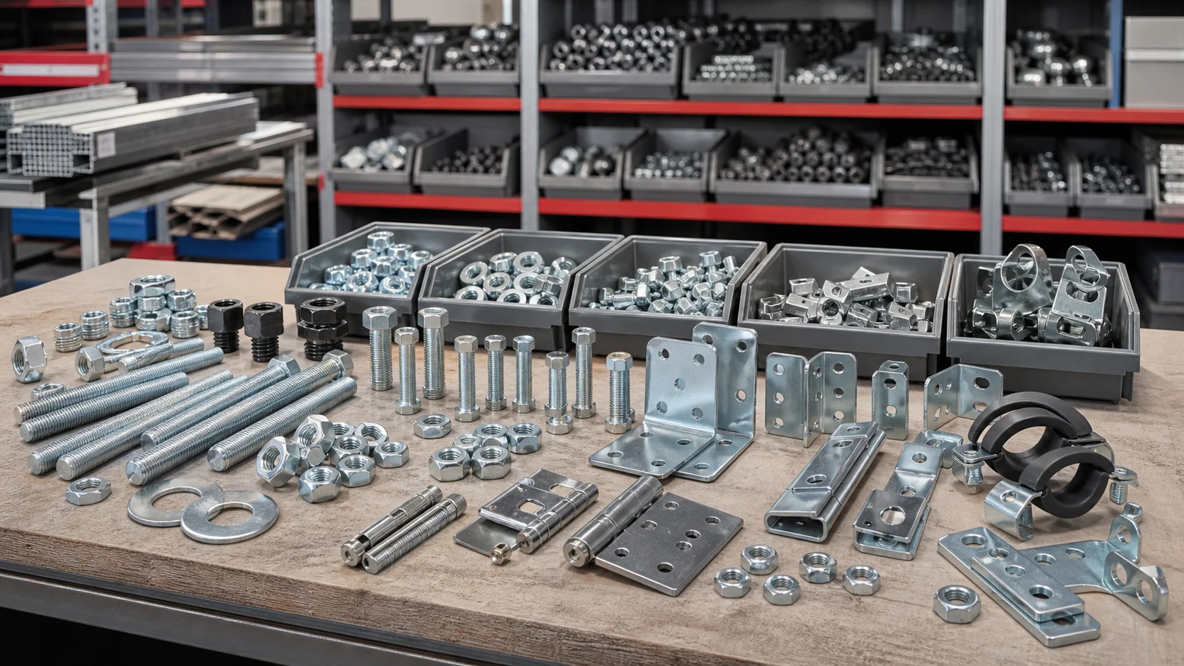 Hardware, threaded rods, steel components, fasteners and PVC tube accessories