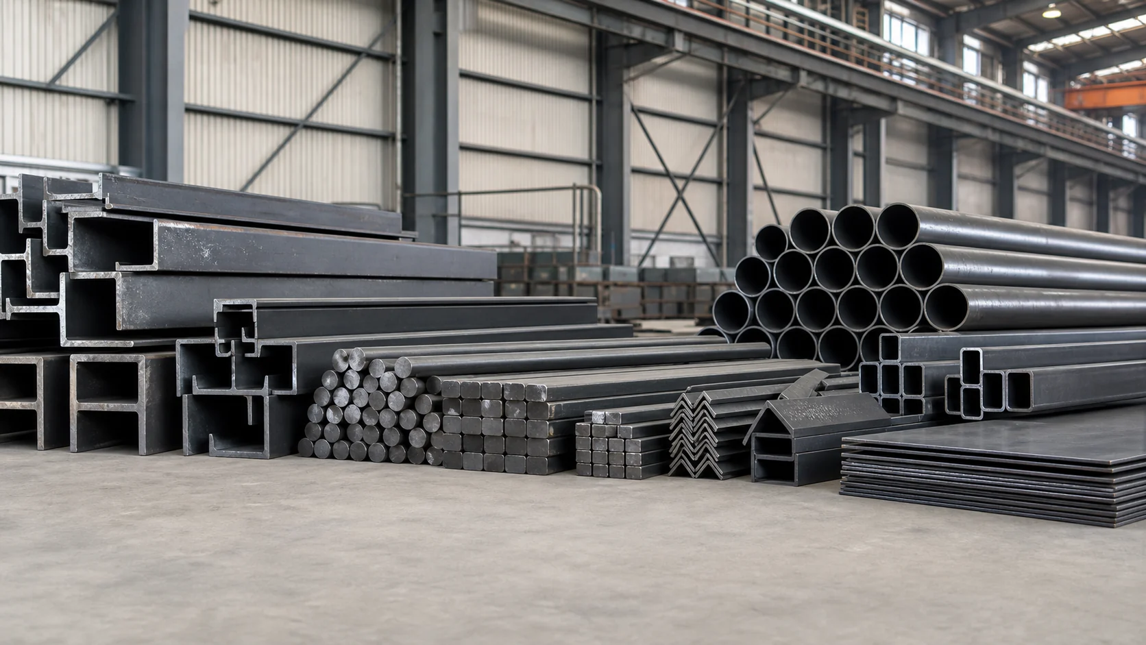 Uncoated steel beams, merchant bar, tubes, sections and sheets in the warehouse