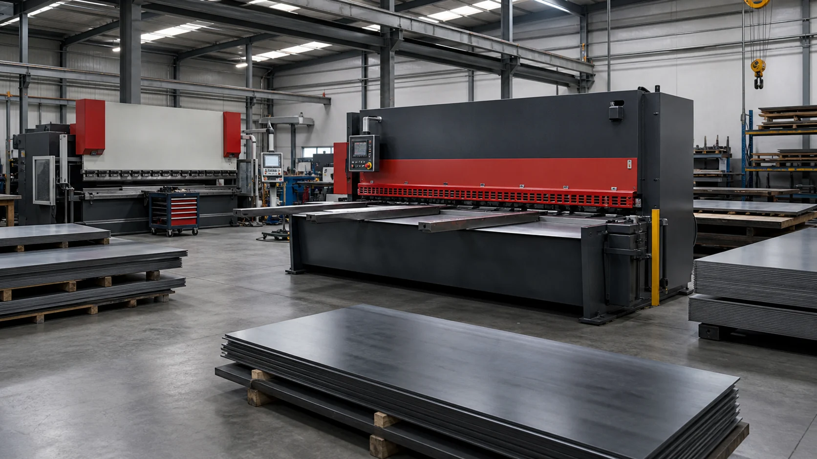 Sheet metal processing with shear, press brake and stocked steel sheets