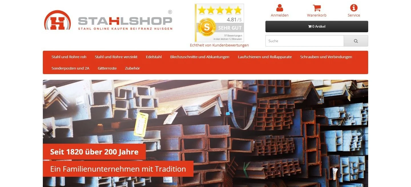 Screenshot van de startpagina van Stahlshop.de
