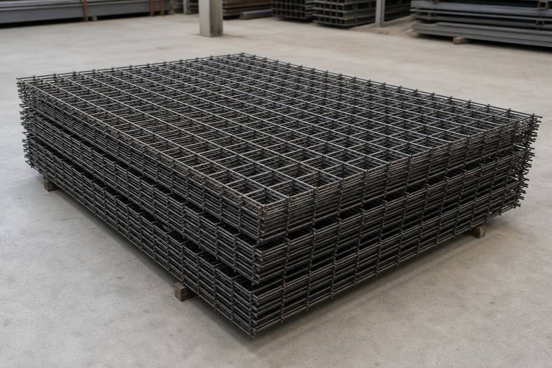 Sauber gestapelte unverzinkte Betonstahlmatten mit gerippten, verschweißten Stäben